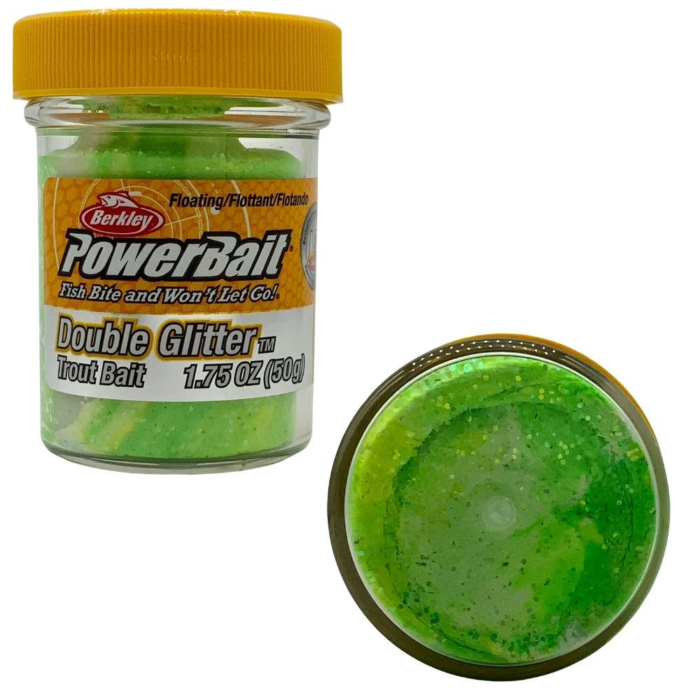 BERKLEY PowerBait Trout Bait Double Glitter DOUGH 1.75oz/50g  Sgrn/White/Syel