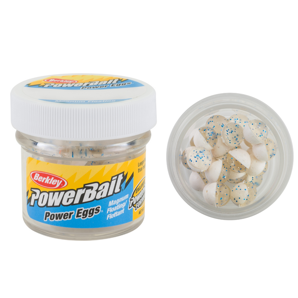 BERKLEY PowerBait Magnum Floating Clear Power Eggs – Clear Silver Blue-Fl.  White