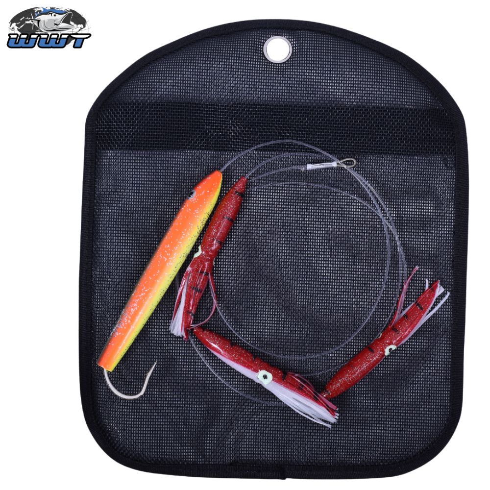 WWT Offshore Trolling Rig Tuna Natural Cedar Plug +Humboldt Squids DAISY CHAIN Red