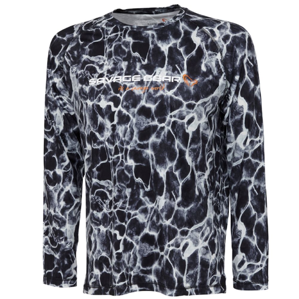 SAVAGE GEAR UV Protective Fishing Long Sleeve T-Shirt NIGHT UV Black Waterprint