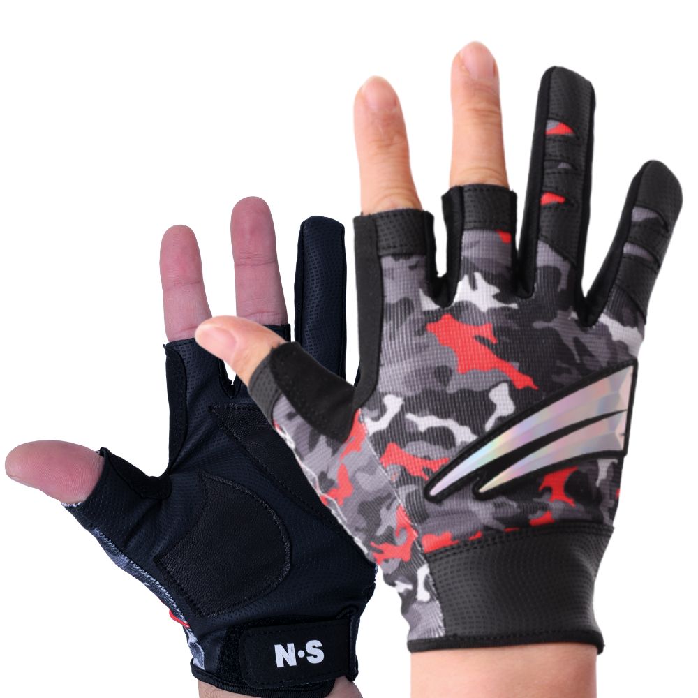 NS BLACK HOLE Natural Leather + RX7 Fabric Fishing Gloves V2 3 CUT Camo XL