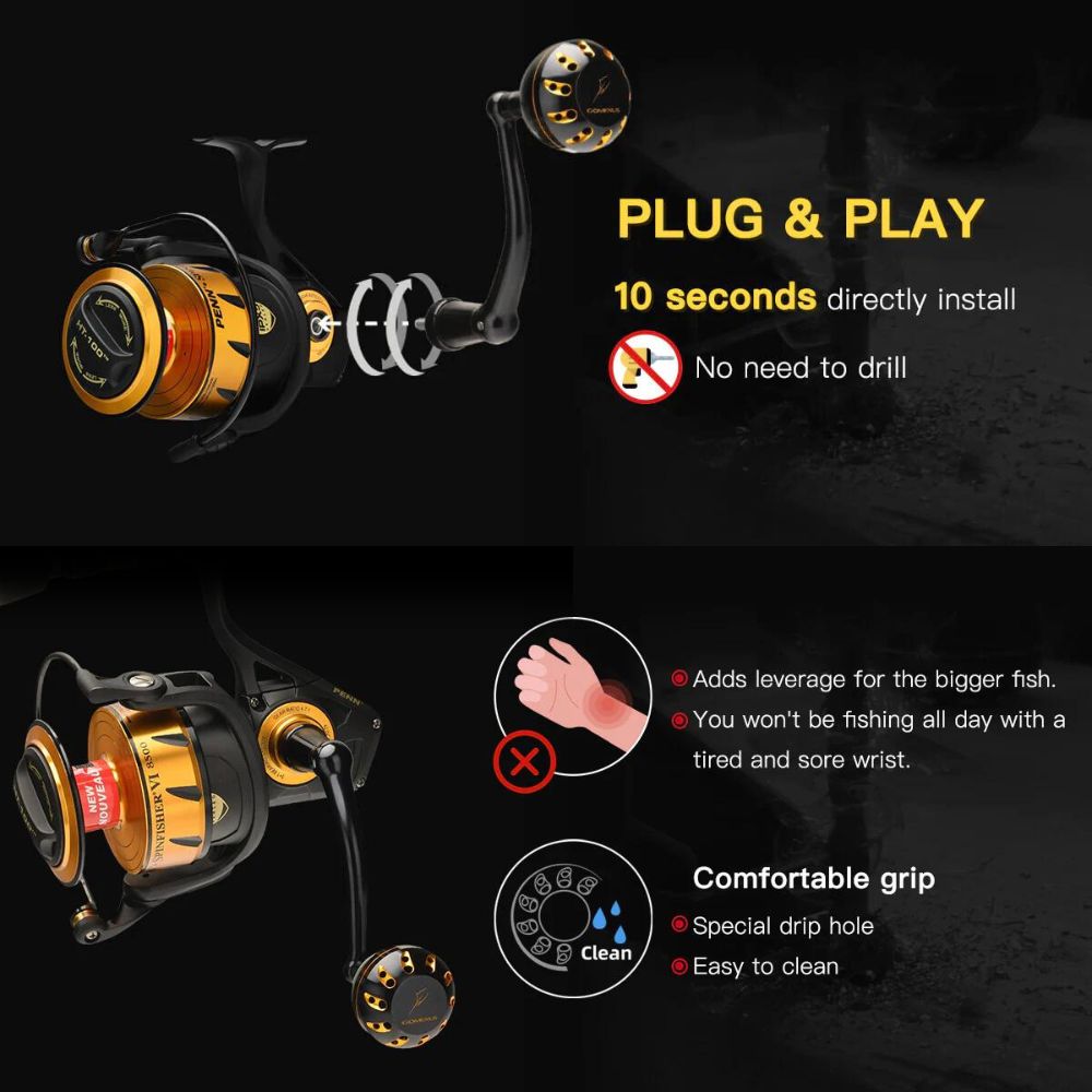 GOMEXUS Spinning Reel Custom Accessorie PENN Slammer/Spinfisher 2500-4500 PLUG & PLAY HANDLE BLK/GD - Image 4