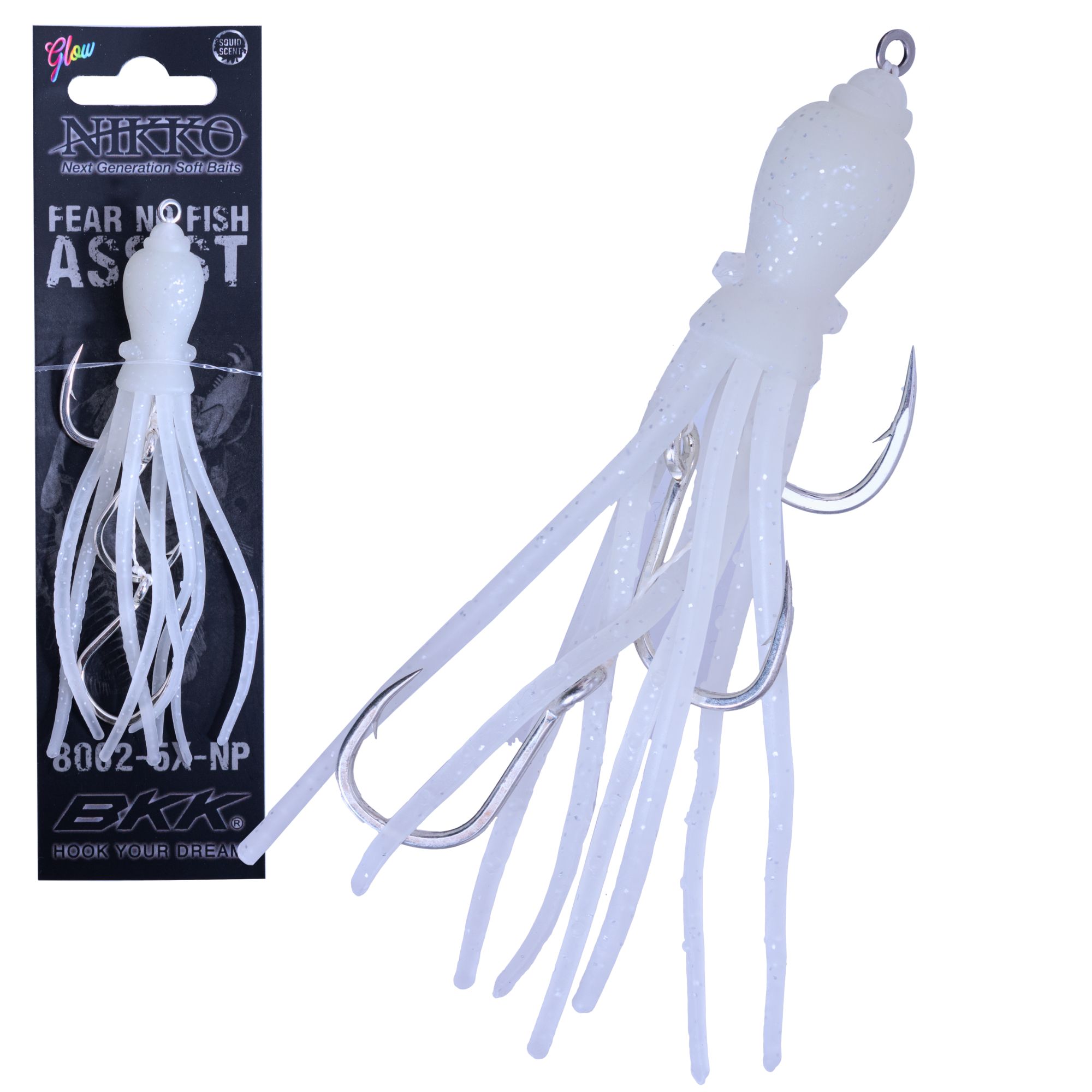 FEAR NO FISH Pre-Tied Scented Skirted Octopus 3-Hook Assist Rig 4.5in White