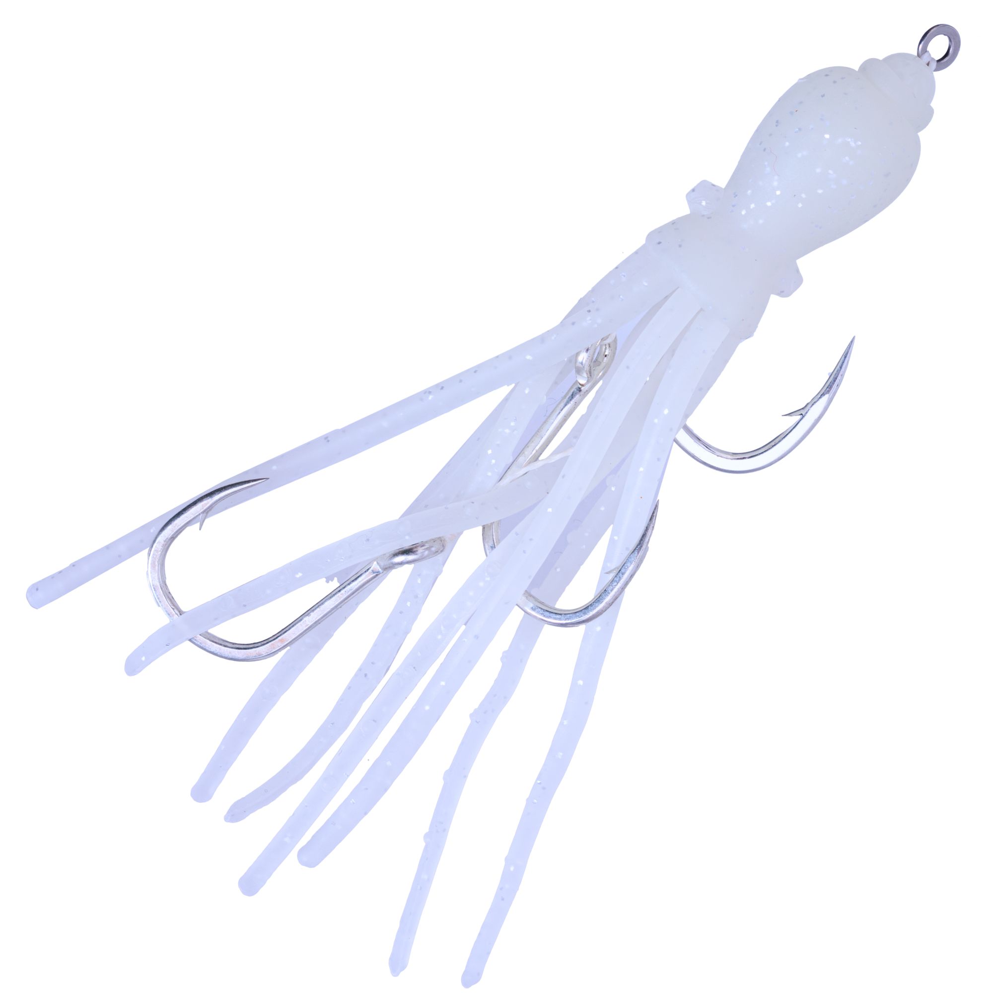 FEAR NO FISH Pre-Tied Scented Skirted Octopus 3-Hook Assist Rig 4.5in White - Image 2