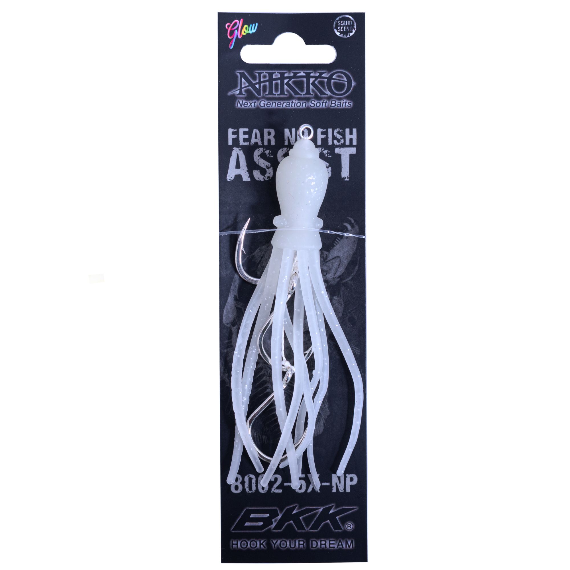 FEAR NO FISH Pre-Tied Scented Skirted Octopus 3-Hook Assist Rig 4.5in White - Image 4