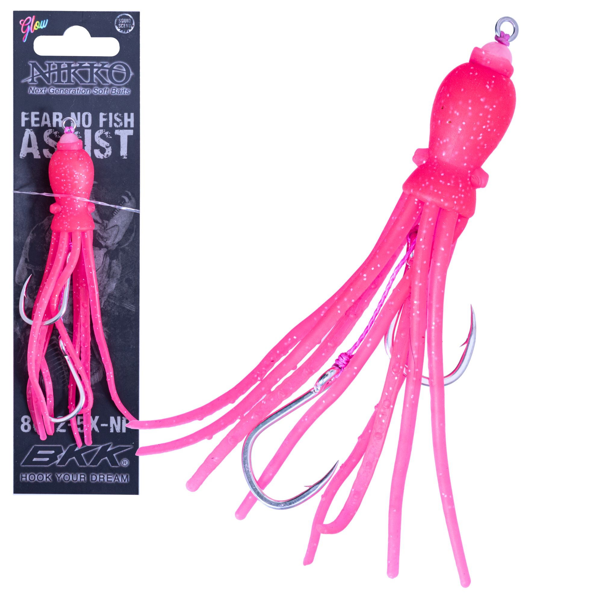 FEAR NO FISH Pre-Tied Scented Skirted Octopus 2-Hook Assist Rig 4.5in Pink