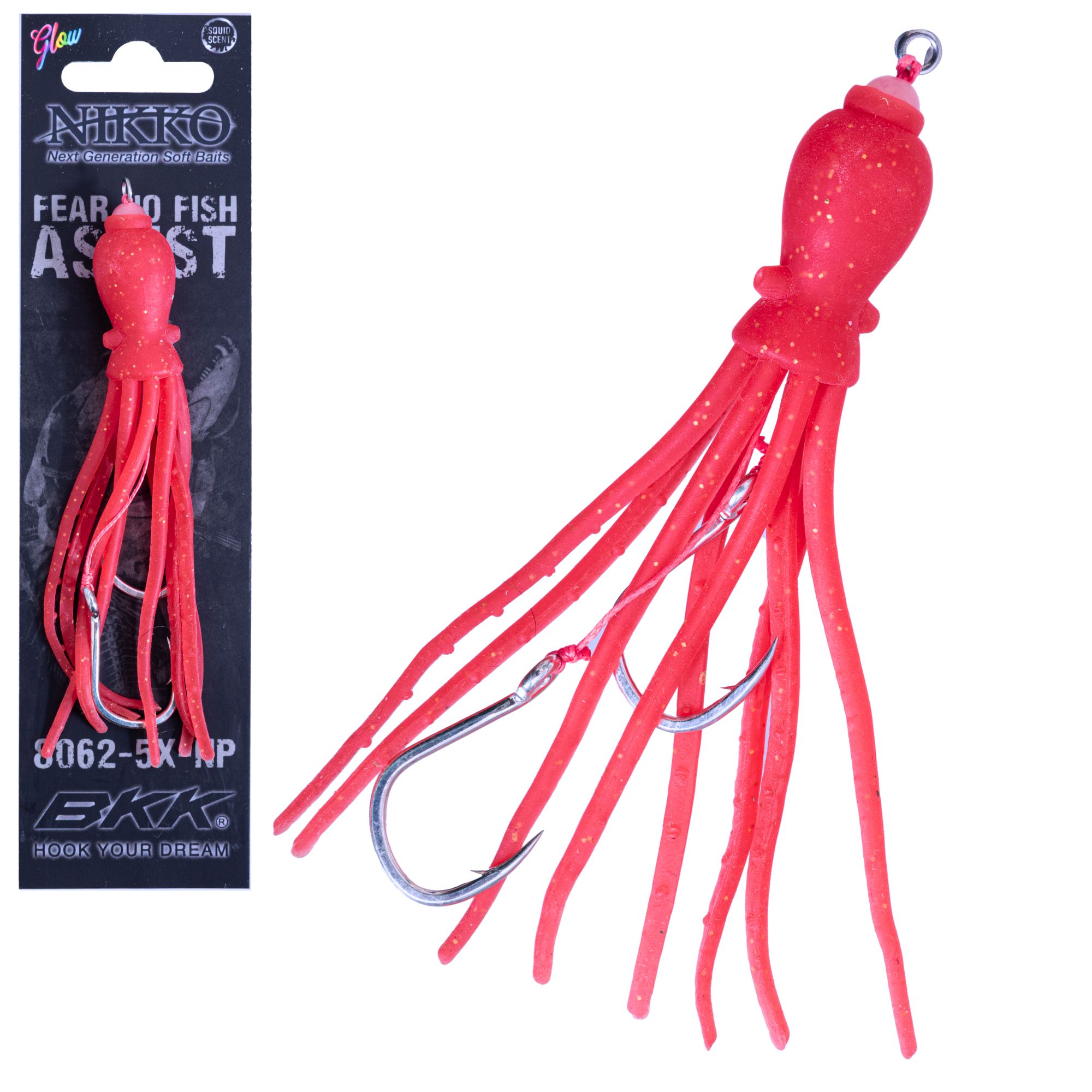 FEAR NO FISH Pre-Tied Scented Skirted Octopus 2-Hook Assist Rig 4.5in Red