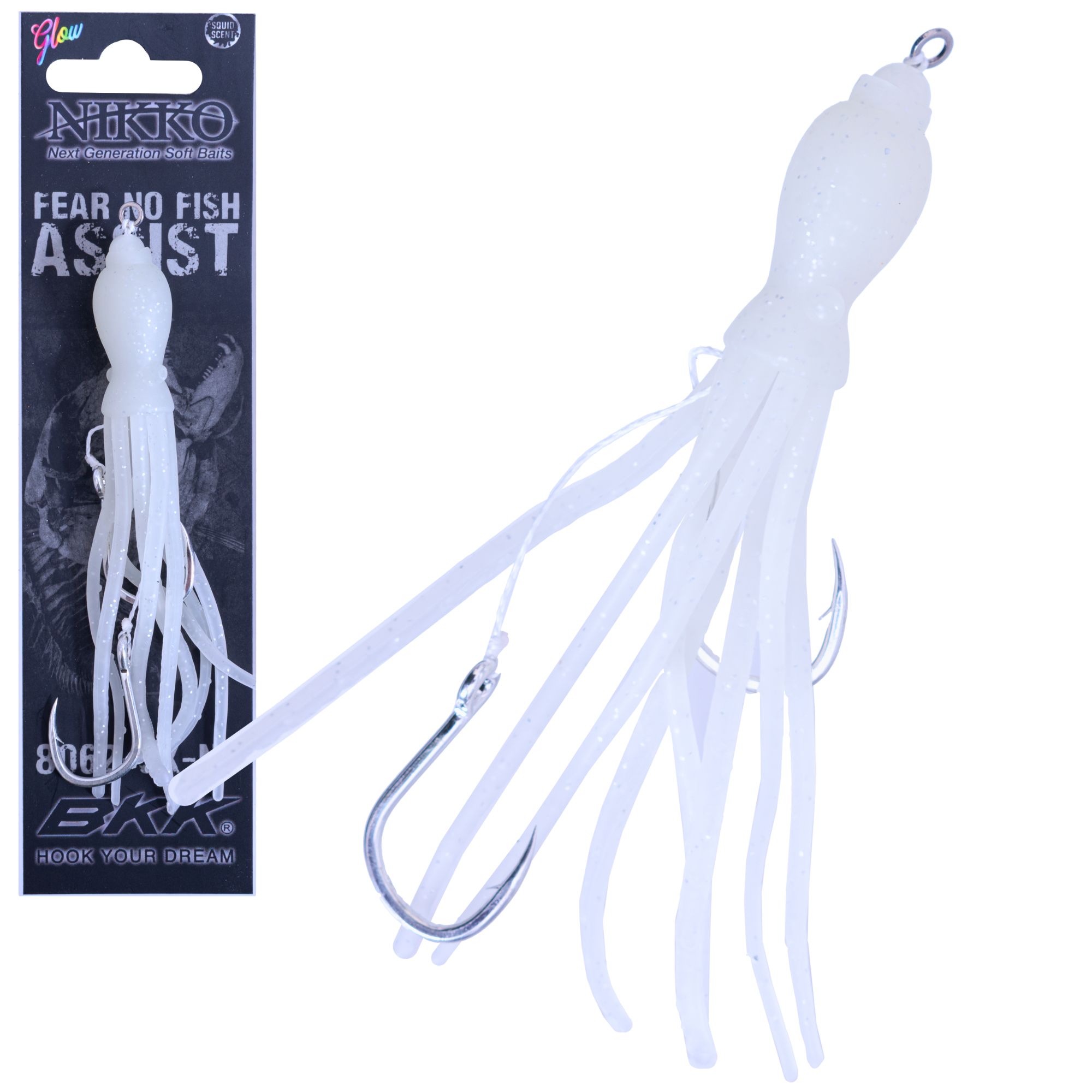 FEAR NO FISH Pre-Tied Scented Skirted Octopus 2-Hook Assist Rig 4.5in White