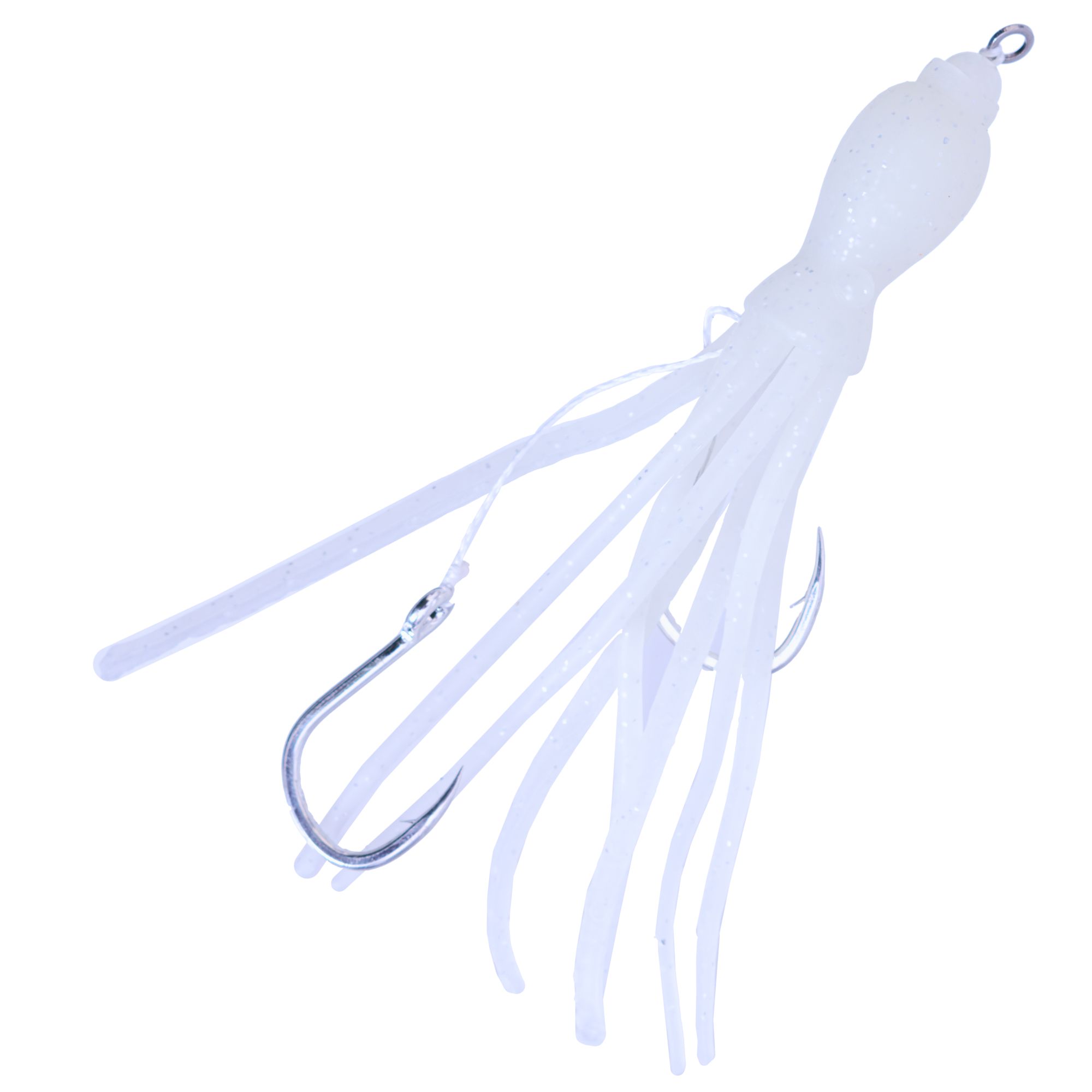 FEAR NO FISH Pre-Tied Scented Skirted Octopus 2-Hook Assist Rig 4.5in White - Image 2